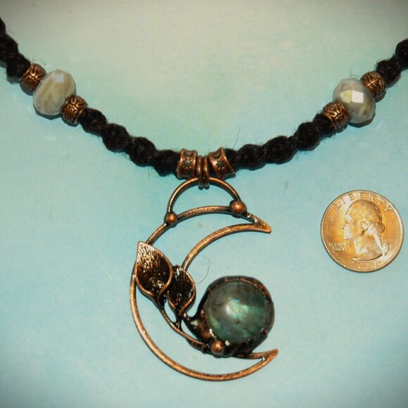 Dynamic Copper-Toned Moonstone & Leafs Crescent Moon on a Handmade Black Chain - Picture 5 of 7